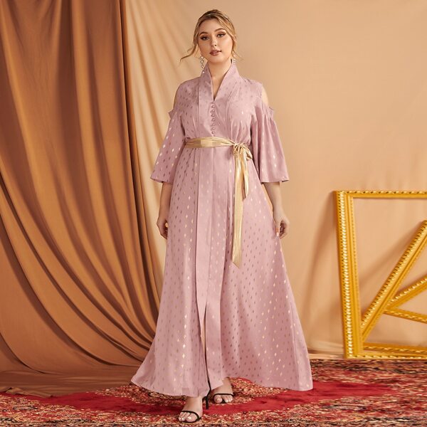 

Plus Allover Geo Print Cold Shoulder Belted Dress, Dusty pink