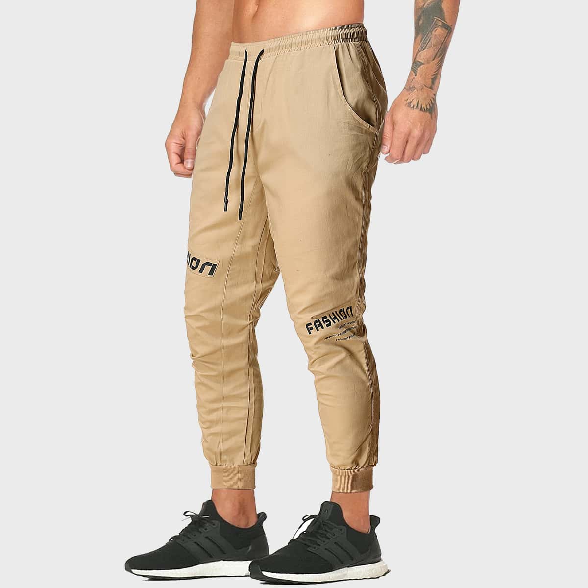 

Guys Letter Graphic Drawstring Waist Pants, Khaki