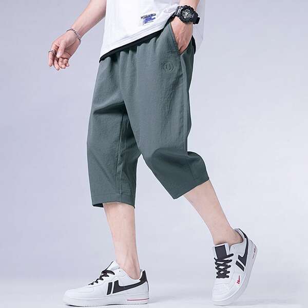 

Men Letter Embroidery Slant Pocket Shorts, Dark grey