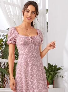 SHEIN Holidaya Vestido de lechera floral de margarita bajo fruncido con cordón delantero - Rosa vieja - Ver 5
