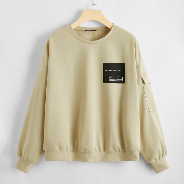 

Drop Shoulder Slogan Graphic Sweatshirt, Khaki