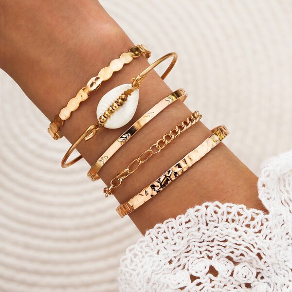 

5pcs Shell Bead Decor Bracelet, Gold