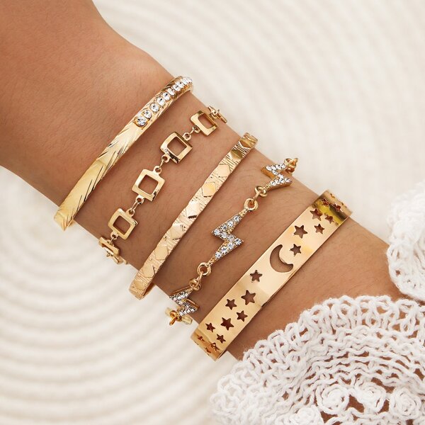 

5pcs Hollow out Star Moon Decor Bracelet, Gold