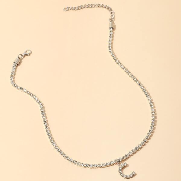 

Rhinestone Decor Letter Charm Necklace, Silver