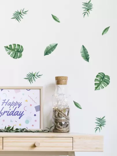 6pcs/Set Leaf Print Wall Sticker, Green Self Adhesive Wall Art Decal For Home Decor, Stickers, Wall Decal, Vinyl Decal For Home Decorations, Spring Decoration Items Refresh Your Home, Festival Decoration Stickers Gifts Birthday Graduation