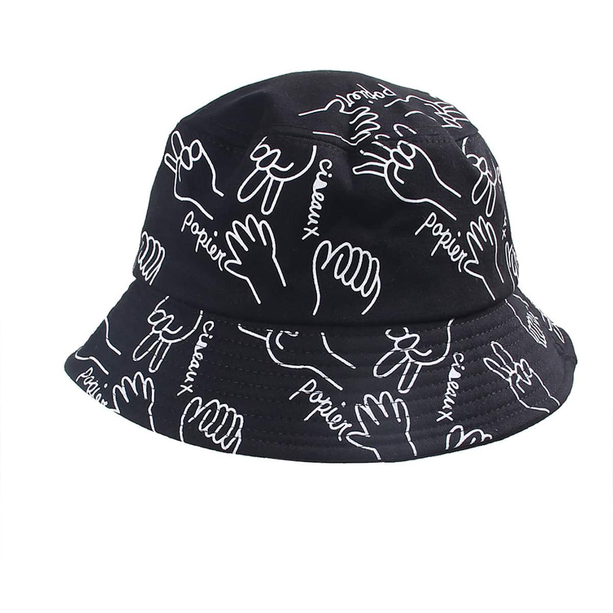 Gesture & Letter Graphic Bucket Hat, Black