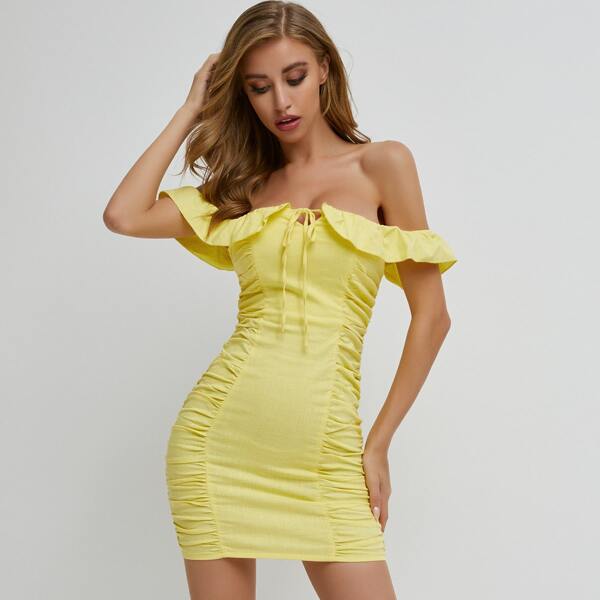 

Ruffle Trim Tie Front Ruched Dress, Yellow bright
