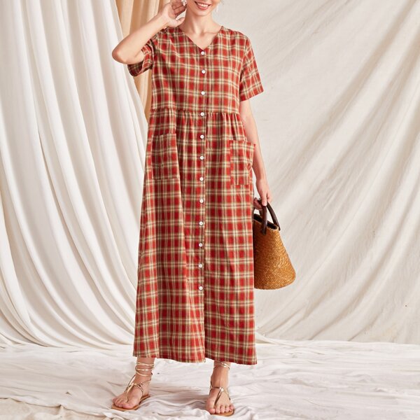 

Plaid Dual Pocket Button Front Smock Dress, Multicolor