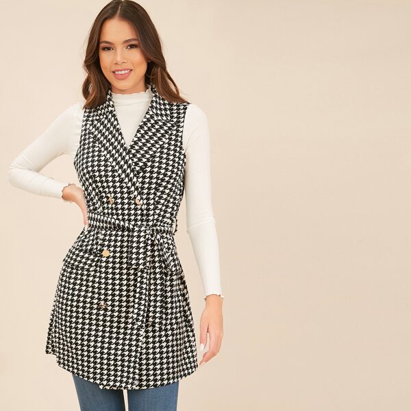 

Notched Collar Buttoned Front Self Belted Houndstooth Vest Blazer, Black and white