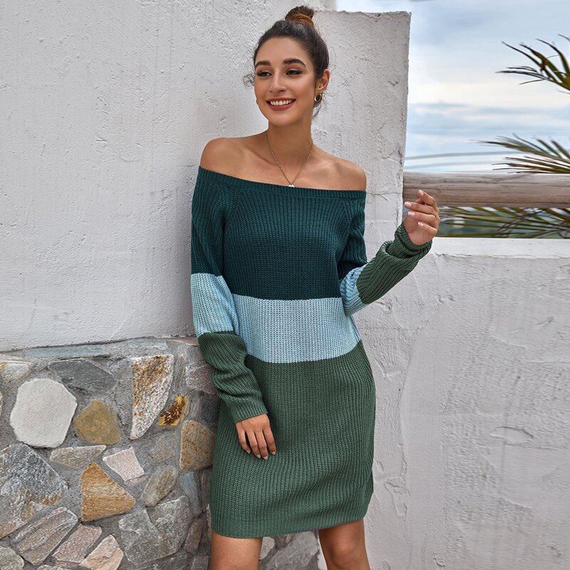 

Color Block Ribbed Knit Sweater Dress, Multicolor