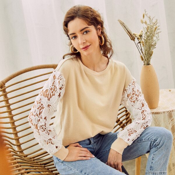 

Guipure Lace Sleeve Sweatshirt, Apricot