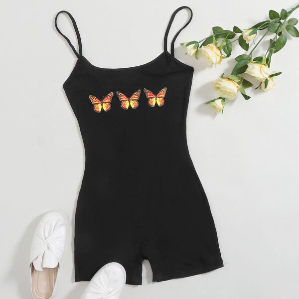 

Plus Butterfly Print Unitard Romper, Black