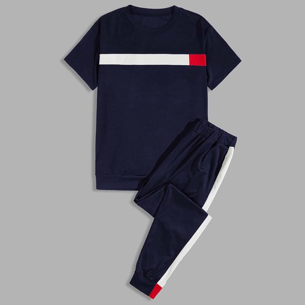 

Men Color-block Tee & Side Seam Sweatpants, Navy blue