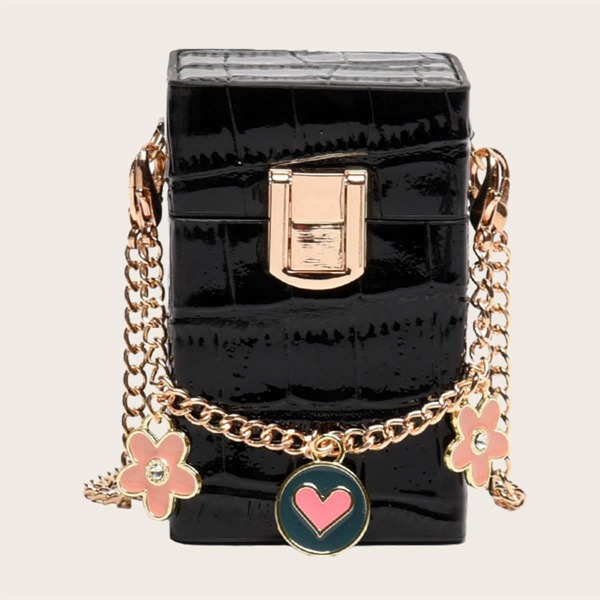 

Mini Metal Flower Charm Chain Box Bag, Black