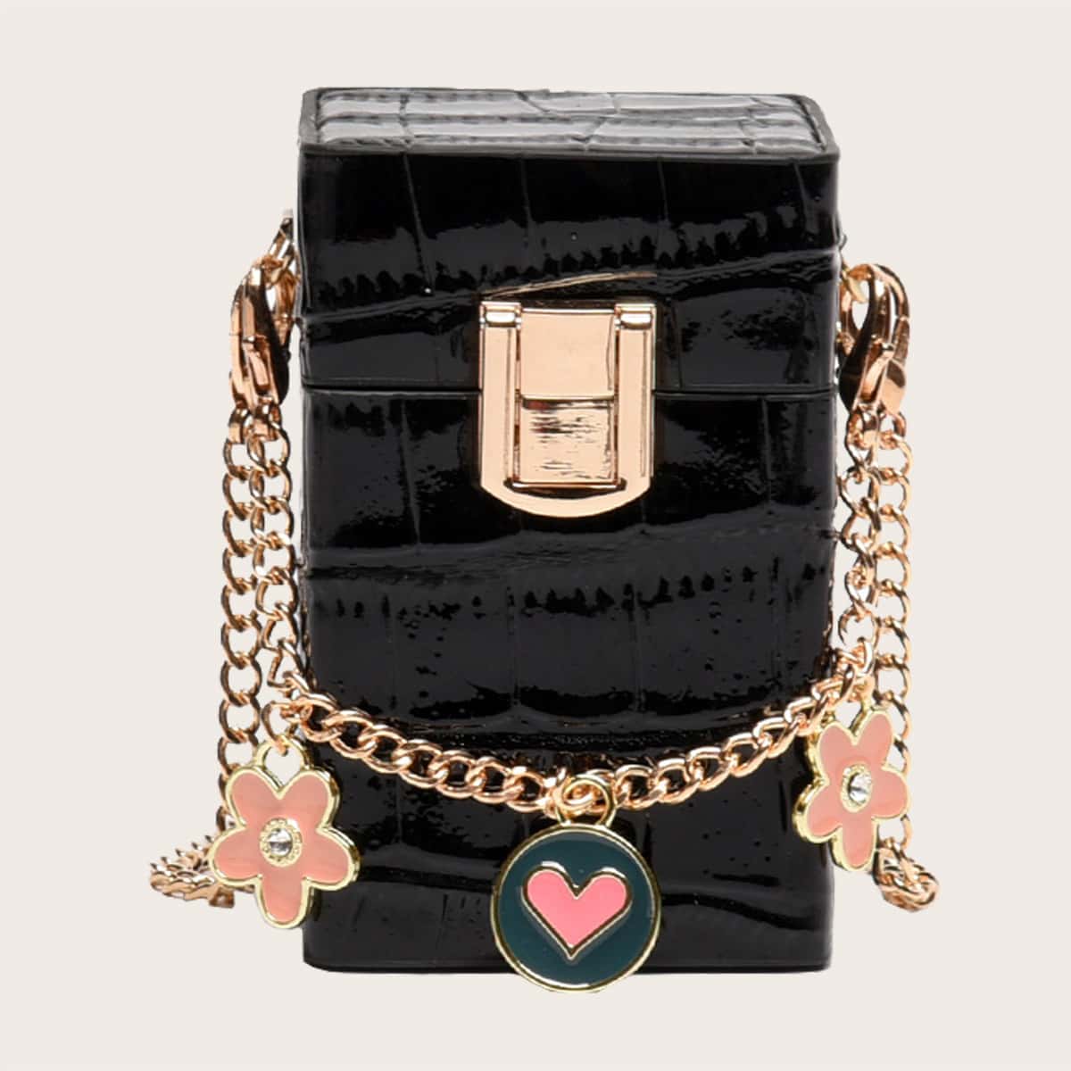 

Mini Metal Flower Charm Chain Box Bag, Black