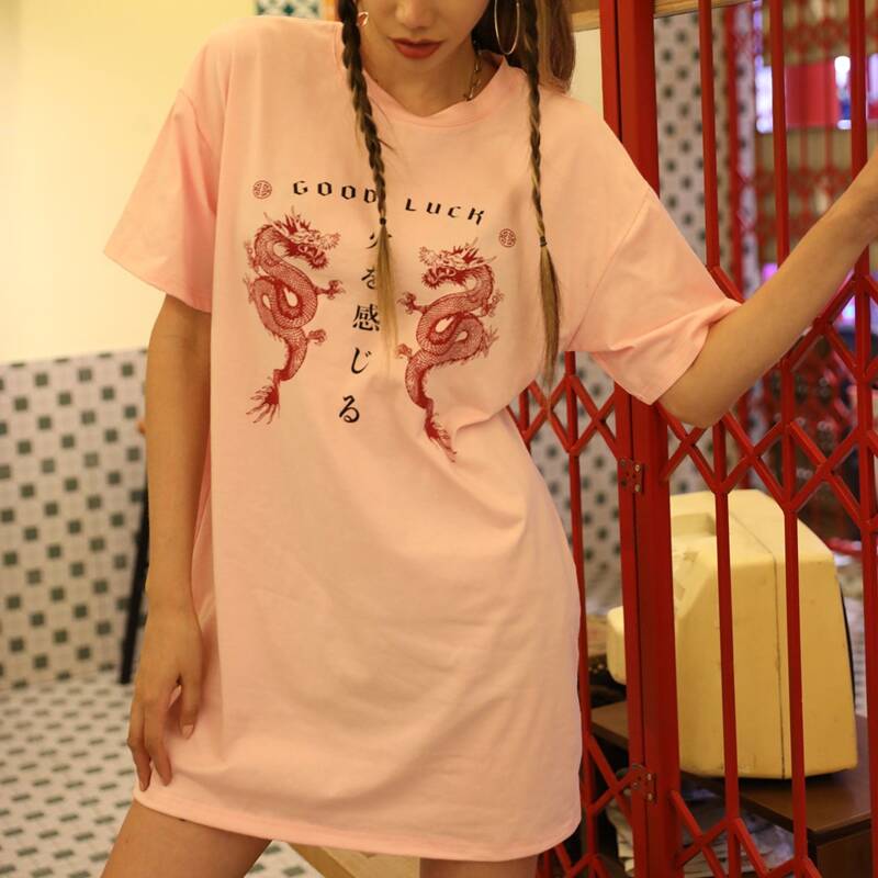 Dragon & Slogan Graphic Tee Dress, Baby pink