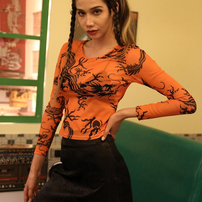 

Animal Graphic Sheer Mesh Top, Orange