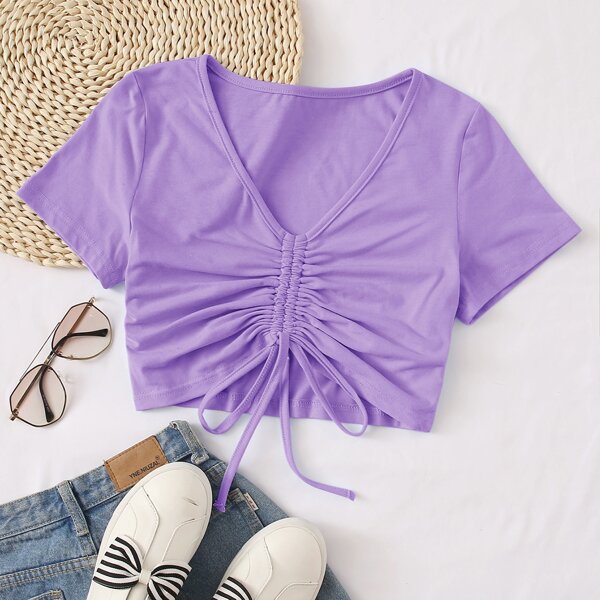 

Solid Drawstring Front Crop Tee, Lilac purple