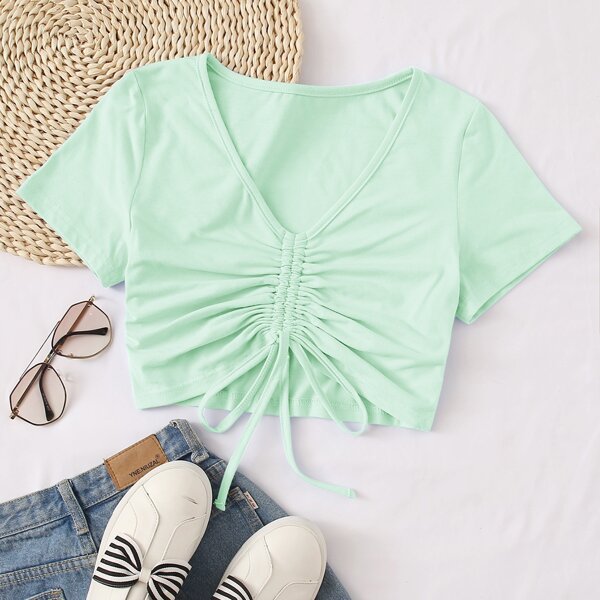 

Solid Drawstring Front Crop Tee, Mint green