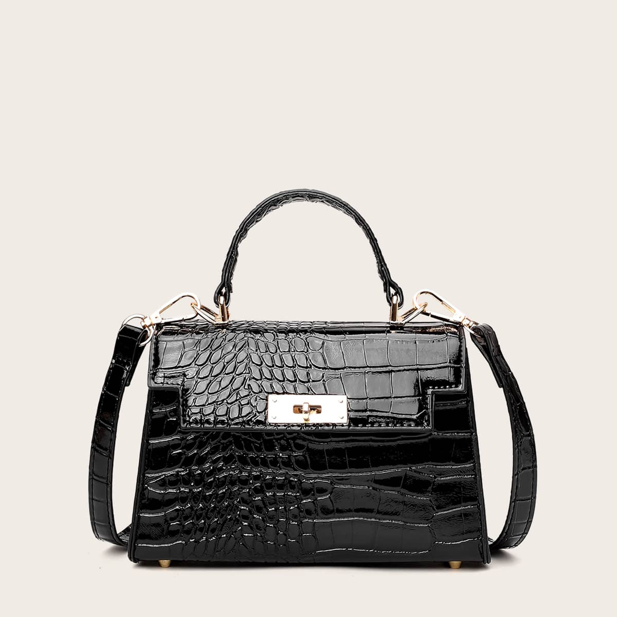 

Croc Embossed Flap Satchel Bag, Black
