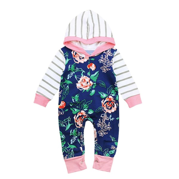 

Baby Girl Floral & Striped Print Hooded Jumpsuit, Multicolor