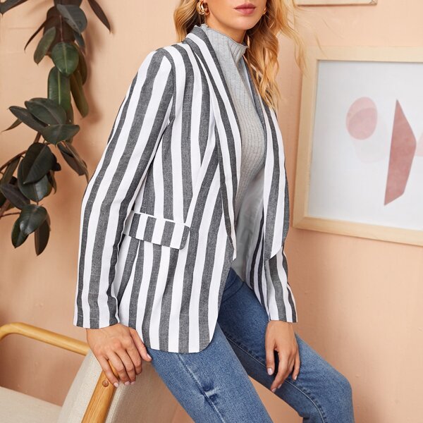 

Shawl Collar Flap Detail Striped Blazer, Black and white