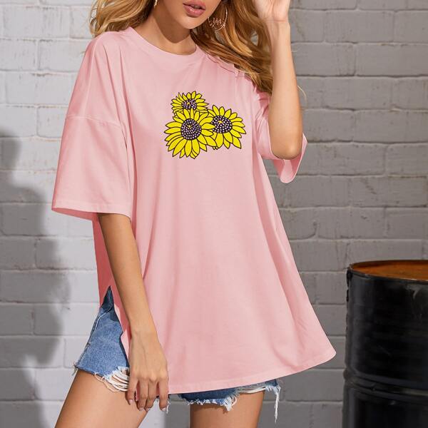 

Drop Shoulder Sunflower Print Top, Dusty pink