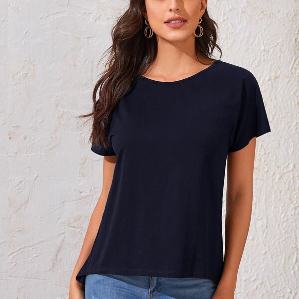 

Batwing Sleeve Split Back High Low Tee, Navy blue