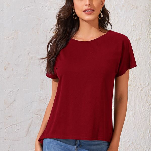 

Batwing Sleeve Split Back High Low Tee, Burgundy
