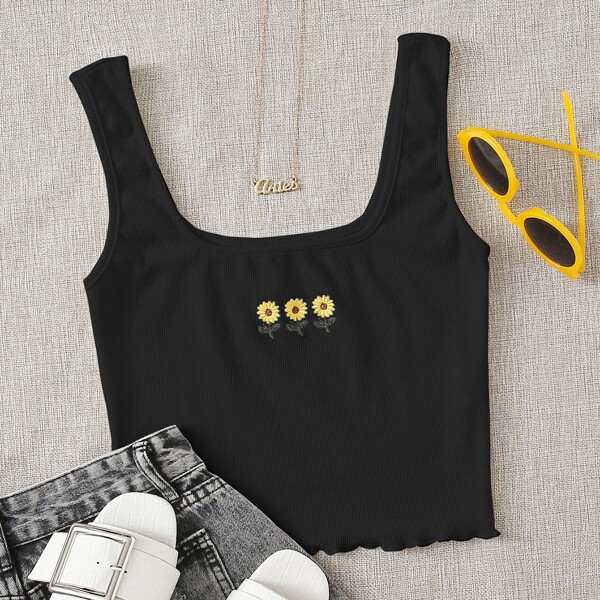 

Sunflower Embroidered Lettuce Trim Tank Top, Black