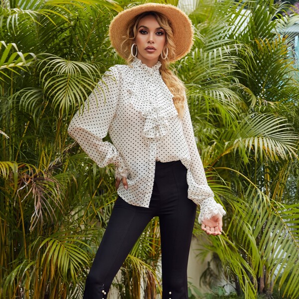 

Lace Cuff Flounce Sleeve Jabot Collar Polka-dot Blouse, White