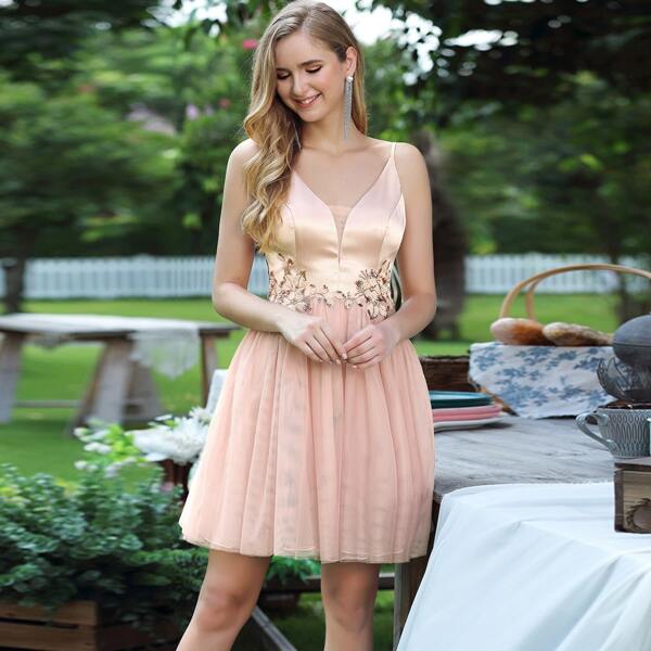 

Flower Appliques Satin Bodice Mesh Dress, Baby pink