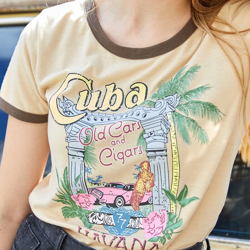 

Tropical Print Ringer Tee, Apricot