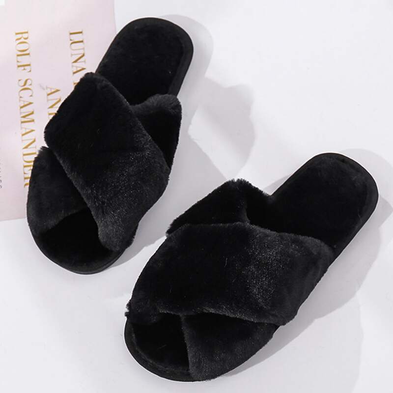 

Criss Cross Fluffy Slippers, Black
