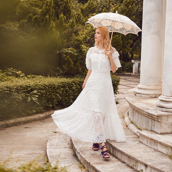 

Flounce Sleeve Ruffle Hem Embroidered Mesh Maxi Dress, White