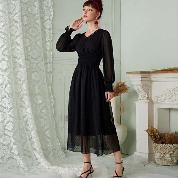 

Swiss Dot Button Front Shirred Waist Dress, Black