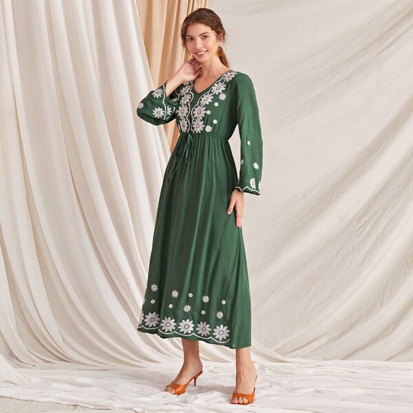

с вышивкой Со цветочками Бохо Арабская одежда, Зелёные