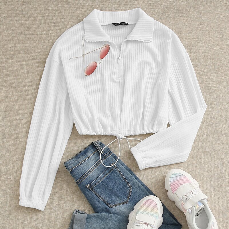 

Collared Zip Up Drawstring Hem Rib-knit Pullover, White