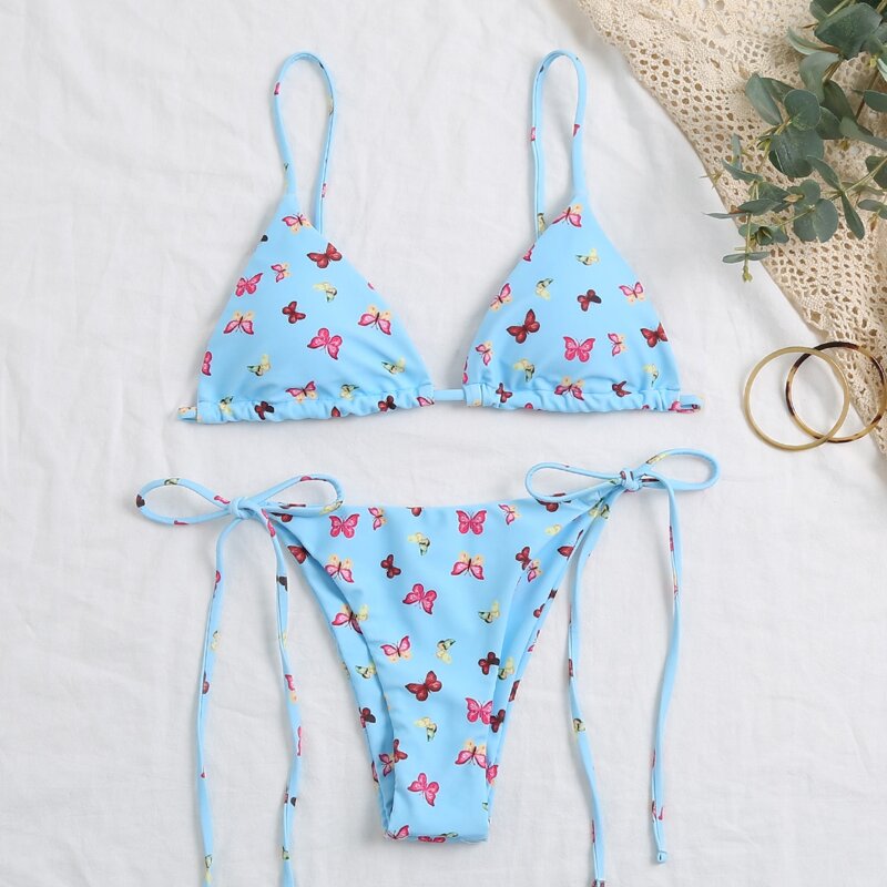 

Butterfly Print Triangle Tie Side Bikini Swimsuit, Pastel baby blue
