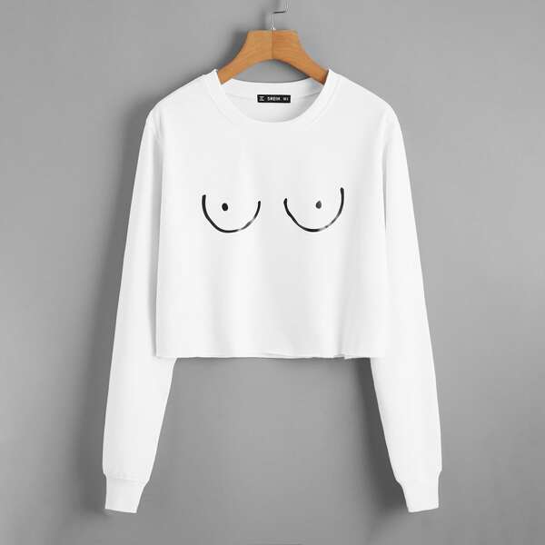 

Raw Hem Graphic Print Sweatshirt, White