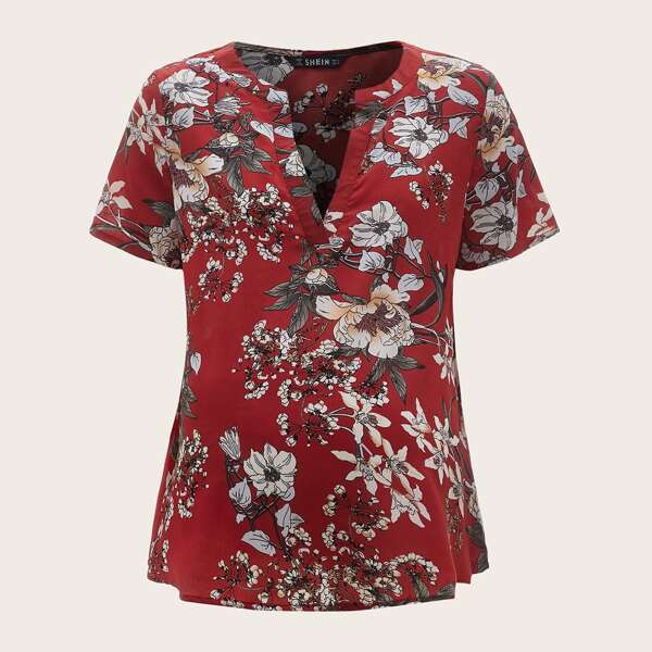 

Maternity Notched Neck Floral Top, Burgundy