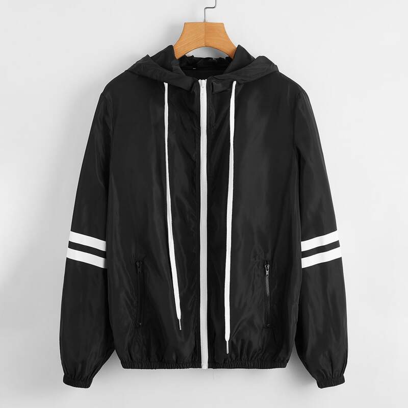 

Zip Up Striped Sleeve Drawstring Hooded Wind Jacket, Black