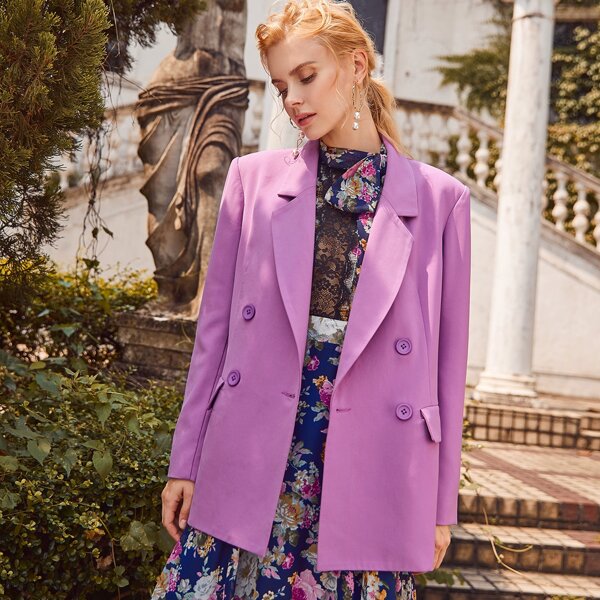 

Lapel Collar Flap Detail Double Breasted Placket Blazer, Mauve purple