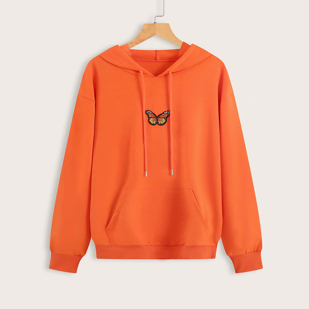 

Butterfly Patched Kangaroo Pocket Drawstring Hoodie, Orange