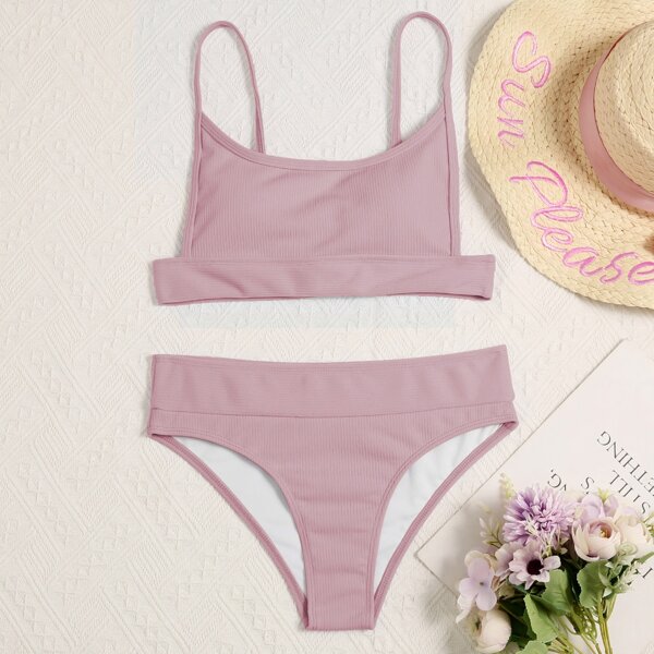 

Solid Rib Bikini Swimsuit, Baby pink