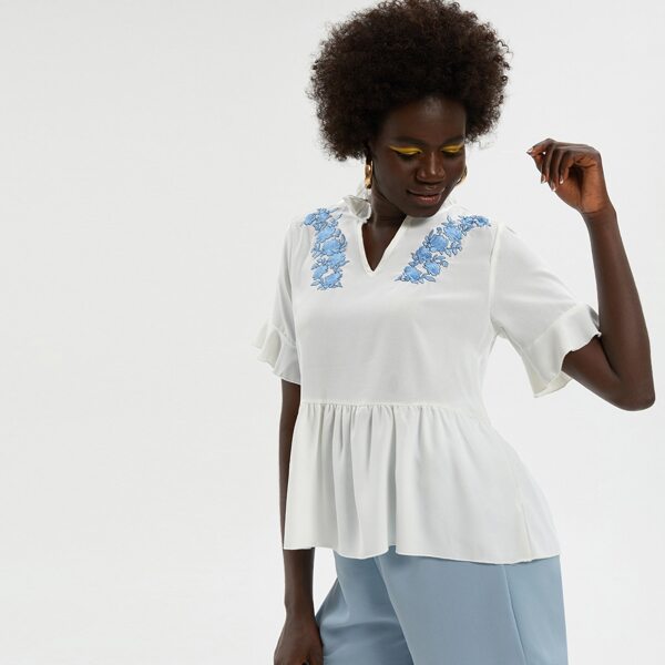 

Floral Embroidered Frill Babydoll Blouse, White