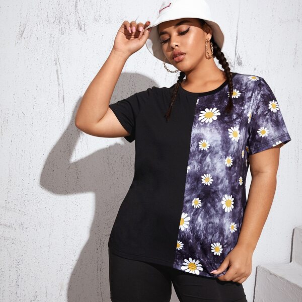 

Plus Floral Print Spliced Tee, Multicolor