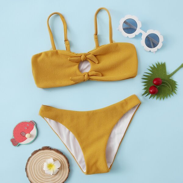 

Girls Cut-out Knot Front Bikini Swimsuit, Mustard yellow