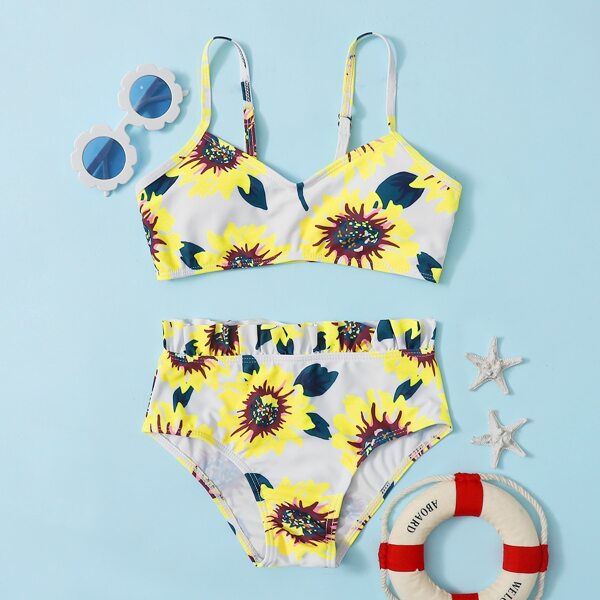

Girls Sunflower Print Frill Bikini Swimsuit, Multicolor