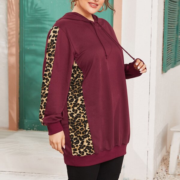 

Plus Leopard Panel Drawstring Hooded Sweatshirt, Rose red